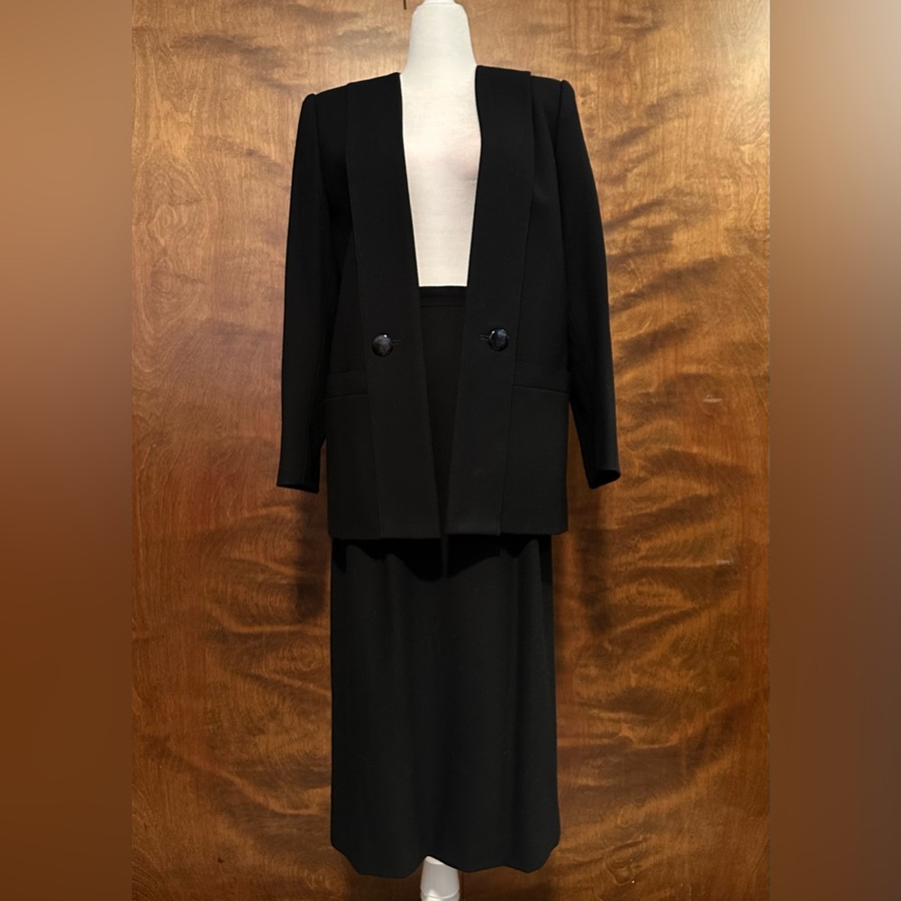 Vintage Sasson Blazer & Pencil Skirt Suit Set Womens 8 Black Lined 100% Wool EUC
